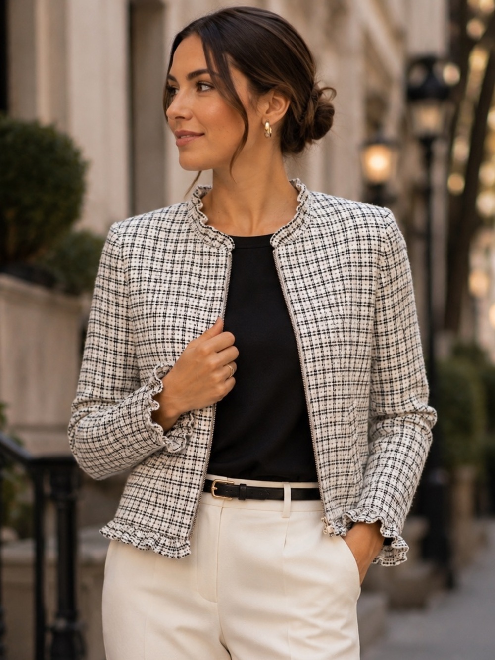 Ann Taylor White Black Plaid Ruffle Trim Zip Front Jacket Size M